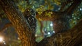 A live feed camera perched high above a city park, zooming in on a rare urban owl nest atop an ancient oak, offering a Royalty Free Stock Photo