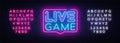 Live Game neon sign vector. Live Game design template neon sign, light banner, neon signboard, nightly bright Royalty Free Stock Photo