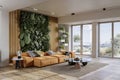 Live green wall in home interior. Vertical gardening, 3d rendering