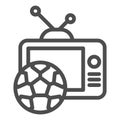 Live match broadcast line icon. Tv monitor with football or soccer ball symbol, outline style pictogram on white Royalty Free Stock Photo