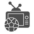 Live match broadcast solid icon. Tv monitor with football or soccer ball symbol, glyph style pictogram on white Royalty Free Stock Photo