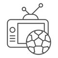 Live match broadcast thin line icon. Tv monitor with football or soccer ball symbol, outline style pictogram on white Royalty Free Stock Photo