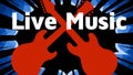 Live music event promotional poster vector illustration of two rock guitars clash over dark starburst background with live music