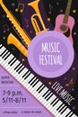 Live music festival event poster with guitar, saxophone and keyboards. Concert flyer flat design with musical Royalty Free Stock Photo