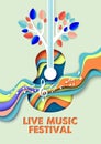 Live music festival vector poster, banner template. Paper cut craft style acoustic guitar, music notes, tree branches.