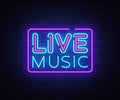 Live Music neon sign vector. Live Music design template neon sign, light banner, neon signboard, nightly bright Royalty Free Stock Photo