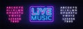 Live Music neon sign vector. Live Music design template neon sign, light banner, neon signboard, nightly bright