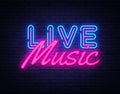 Live Music neon sign vector. Live Music Design template neon sign, light banner, neon signboard, nightly bright