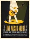 Live Music Night Party Poster with hand holding electric guitar. Poster Flyer template for your event. Vintage styled vector Royalty Free Stock Photo