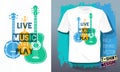 Live music play lettering slogan retro sketch style acoustic guitar, banjo, violin, fiddle for t shirt design