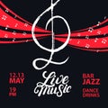 Live music poster with a treble clef and notes for concert, party.