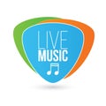 Live Music sign with note on Guitar Pick, colorfull Vector illustration isolated on white background. Royalty Free Stock Photo