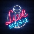 Live musical neon sign, logo, emblem, symbol poster with microphone. Vector illustration. Neon bright sign, Nightlife Royalty Free Stock Photo