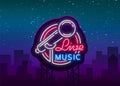 Live musical vector neon logo, sign, emblem, symbol poster with microphone. Bright banner poster, neon bright sign Royalty Free Stock Photo