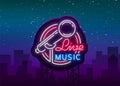 Live musical vector neon logo, sign, emblem, symbol poster with microphone. Bright banner poster, neon bright sign