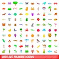 100 live nature icons set, cartoon style