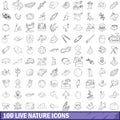 100 live nature icons set, outline style Royalty Free Stock Photo