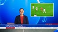 Live News Studio with Female Anchor Reporting Sports News on Soccer Game Score, Story Show Highlig Royalty Free Stock Photo