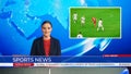 Live News Studio with Female Anchor Reporting Sports News on Soccer Game Score, Story Show Highlig Royalty Free Stock Photo