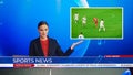 Live News Studio with Female Anchor Reporting Sports News on Soccer Game Score, Story Show Highlig Royalty Free Stock Photo