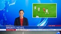 Live News Studio with Female Anchor Reporting Sports News on Soccer Game Score, Story Show Highlig Royalty Free Stock Photo