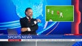 Live News Studio with Male Anchor Reporting Sports News on Soccer Game Score, Story Show Highlight Royalty Free Stock Photo