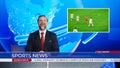 Live News Studio with Male Anchor Reporting Sports News on Soccer Game Score, Story Show Highlight Royalty Free Stock Photo