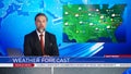 Live News Studio Professional Anchor Reporting on Weather Forecast. Weatherman, Meteorologist, Rep