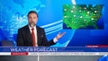 Live News Studio Professional Anchor Reporting on Weather Forecast. Weatherman, Meteorologist, Rep Royalty Free Stock Photo