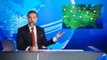 Live News Studio Professional Anchor Reporting on Weather Forecast. Weatherman, Meteorologist, Rep Royalty Free Stock Photo