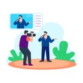 Live news telecast vector illustration concept, Male presenter interviewing man in television live news show video camera shooting