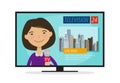 Live news. Young woman, newscaster with microphone in hand. TV, television concept. Cartoon vector illustration