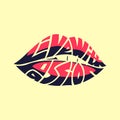 Live with passion. Typography word picture as lips image. Hand lettered graphic illustration, wrap text inside a shape, silhouette