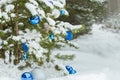 Live pine tree under snow decorated with Christmas