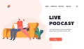 Live Podcast Landing Page Template. Couple of Characters Sitting on Sofa with Tablet Pc Listening Podcast, Watch Movie Royalty Free Stock Photo