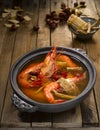 Live Prawn with Herbal Soup and Chinese Wine served in dish isolated on table top view of food Royalty Free Stock Photo