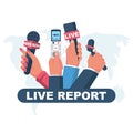 Live report concept. Microphones and voice recorder in reporter hands a journalist Royalty Free Stock Photo