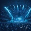 Live Rock Concert, Festival, Night Club Party, Cheering Crowd, Lots of People Silhouette, Neon Color Lights Lasers and Smoke, Royalty Free Stock Photo