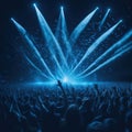 Live Rock Concert, Festival, Night Club Party, Cheering Crowd, Lots of People Silhouette, Neon Color Lights Lasers and Smoke, Royalty Free Stock Photo