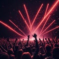 Live Rock Concert, Festival, Night Club Party, Cheering Crowd, Lots of People Silhouette, Neon Color Lights Lasers and Smoke, Royalty Free Stock Photo