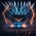 Live Rock Concert, Festival, Night Club Party, Cheering Crowd, Lots of People Silhouette, Neon Color Lights Lasers and Smoke, Royalty Free Stock Photo