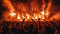 Live rock concert show with fire pyrotechnics, view from crowd Royalty Free Stock Photo