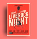 Live Rock Night Poster. Live music promotion flyer design template with black guitar silhouette on red background, poster for you