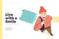 Live with smile concept of landing page with young girl with suitcase looking up