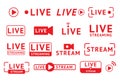 Live stream, broadcast video icons. Sign of online air tv show, news button symbol, play internet media. Streaming red Royalty Free Stock Photo