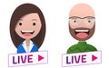 Live Stream sign with Man Woman Professor avatar set. Emblem, lo