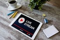 Live stream transmit or receive video and audio coverage over the Internet. Digital marketing and advertising concept.