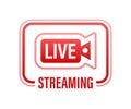 Live streaming flat logo - red vector design element with play button. Vector illustration