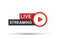 Live streaming flat logo - red vector design element with play button. Vector illustration