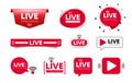 Live streaming icons. Red buttons of broadcasting, live online stream. Template for live tv shows. Vector